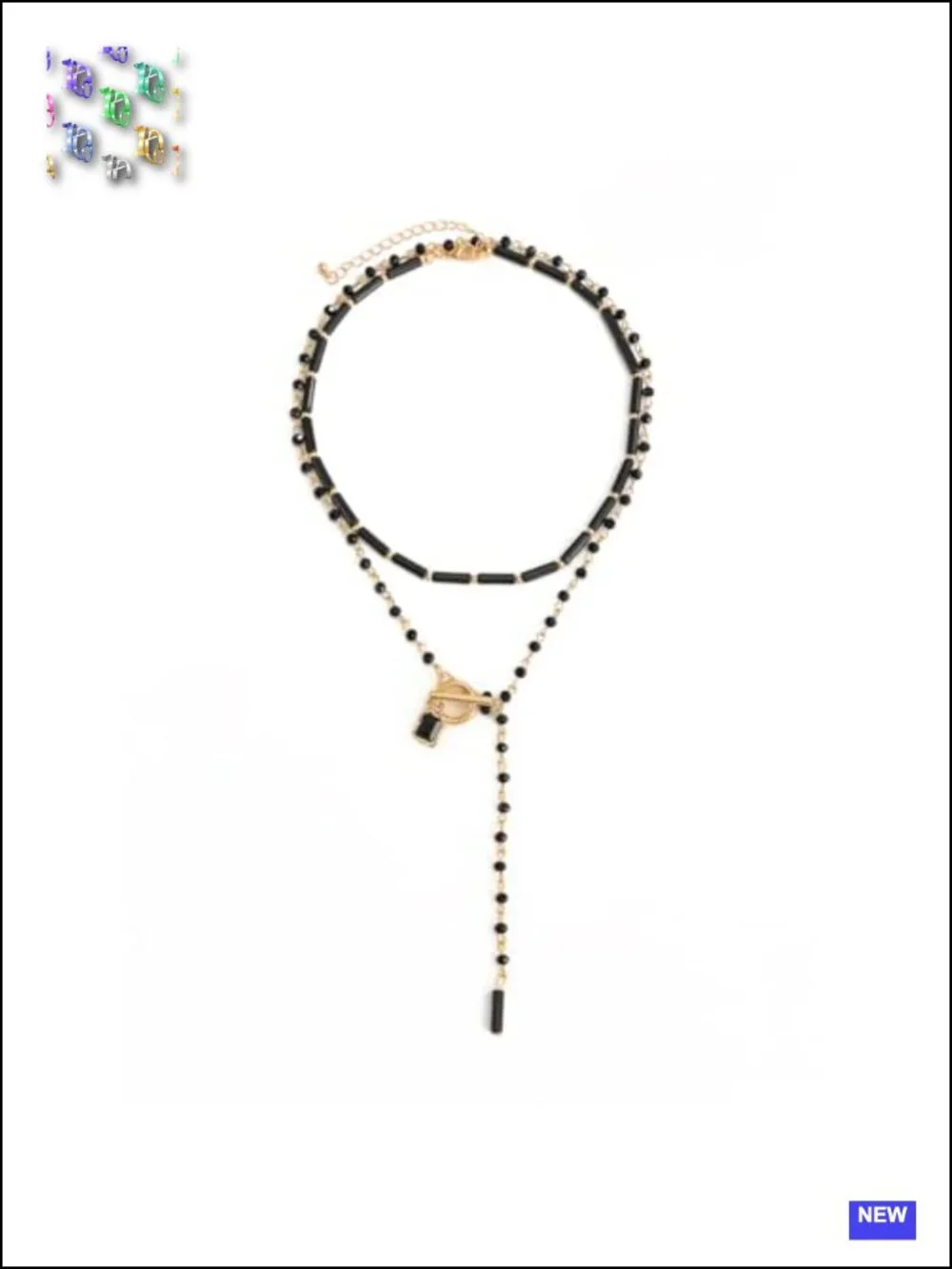 Lariat Necklace for Women, Black Beaded Y Necklace with Gold Tone Toggle Clasp